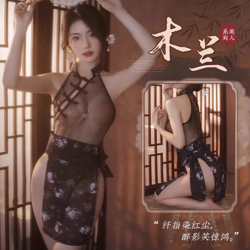 制服诱惑-霏慕-性感古典旗袍花木兰cos渔网连体衣暗扣开档两穿汉服短裙套装7888